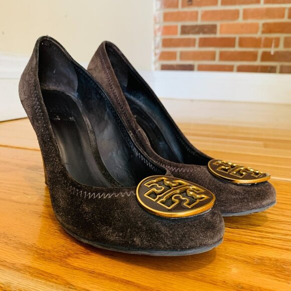 Tory Burch Chelsea Brown Suede Leather Wedge Pumps Size 7.5 M - Picture 1 of 15